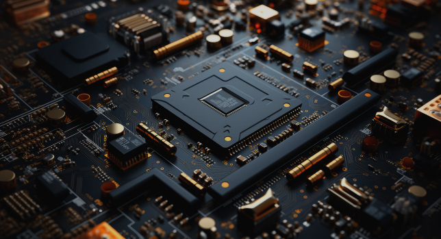 Close-up of a detailed military computer motherboard featuring a central processing unit, various chips, and connectors on a dark background.