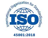 Logo of the International Organization for Standardization (ISO) with text "45001:2018" below it. The logo features a blue globe and the acronym "ISO" in bold blue letters, symbolizing new assurance standards.