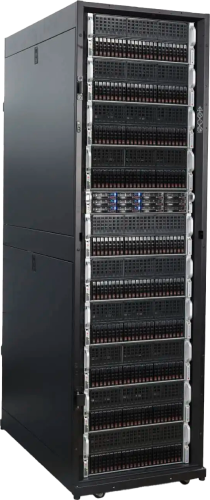 Image of a tall black server rack filled with multiple servers, featuring numerous slots with visible hardware components and ventilation grids, resembling the organization found in high-end desktop and workstation setups.